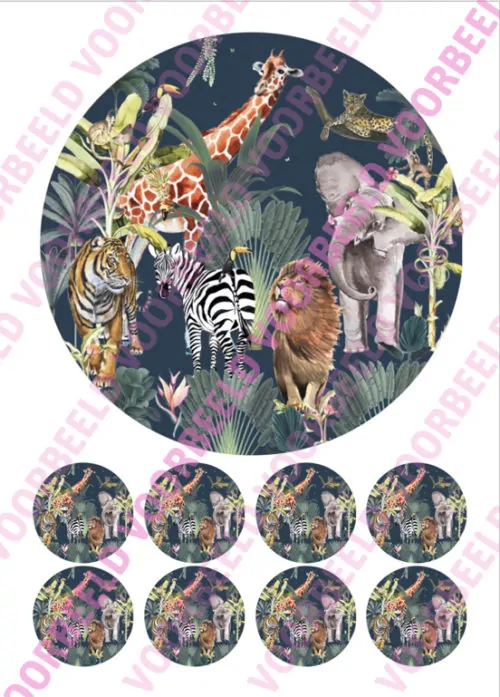 Eetbare taartprint jungle 2 - 18 cm rond + 8 cupcake rondjes