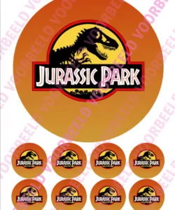 Eetbare Taartprint Jurassic Park 1 - 18 cm rond + 8 cupcake rondjes