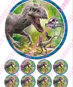 Eetbare Taartprint Jurassic Park 3 - 18 cm rond + 8 cupcake rondjes