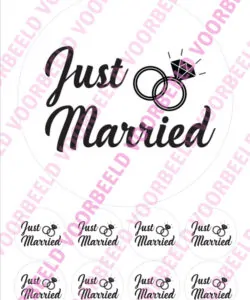 Eetbare Taartprint Just Married 1 - 18 cm rond + 8 cupcake rondjes