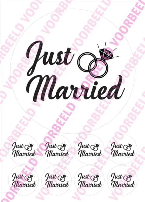 Eetbare taartprint just married 1 - 18 cm rond + 8 cupcake rondjes
