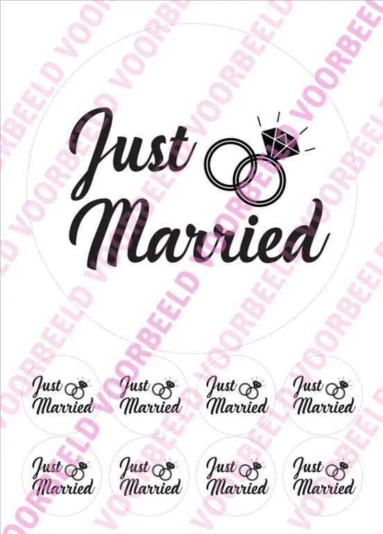 Eetbare taartprint just married 1 - 18 cm rond + 8 cupcake rondjes bij cake, bake & love 5 Eetbare taartprint just married 1 - 18 cm rond + 8 cupcake rondjes