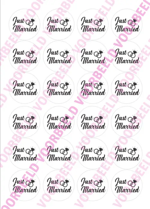 Eetbare cupcakeprint just married 1 - 24 cupcake rondjes