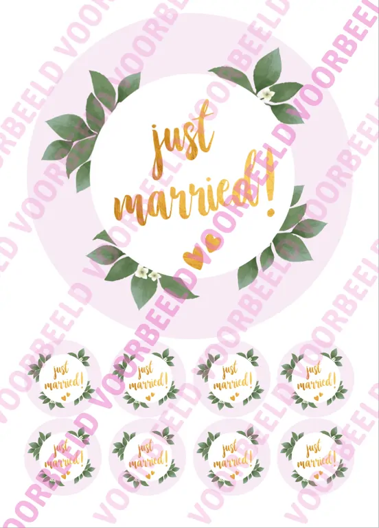 Eetbare taartprint just married 2 - 18 cm rond + 8 cupcake rondjes bij cake, bake & love 5 Eetbare taartprint just married 2 - 18 cm rond + 8 cupcake rondjes