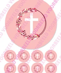 Eetbare Taartprint Kruis roze 2 - 18 cm rond + 8 cupcake rondjes