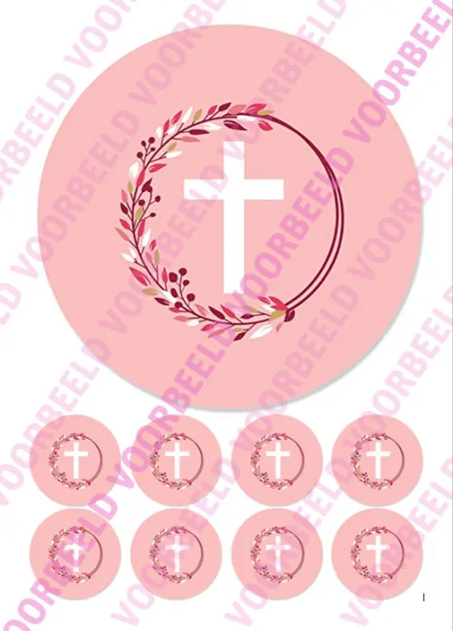 Eetbare taartprint kruis roze 2 - 18 cm rond + 8 cupcake rondjes