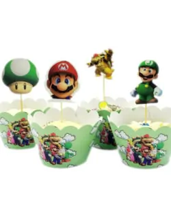 Mario Bros cupcake wrapper + poppetjes set 12