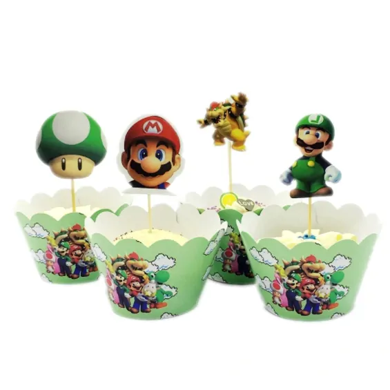 Mario bros cupcake wrapper + poppetjes set 12 bij cake, bake & love 5 Mario bros cupcake wrapper + poppetjes set 12