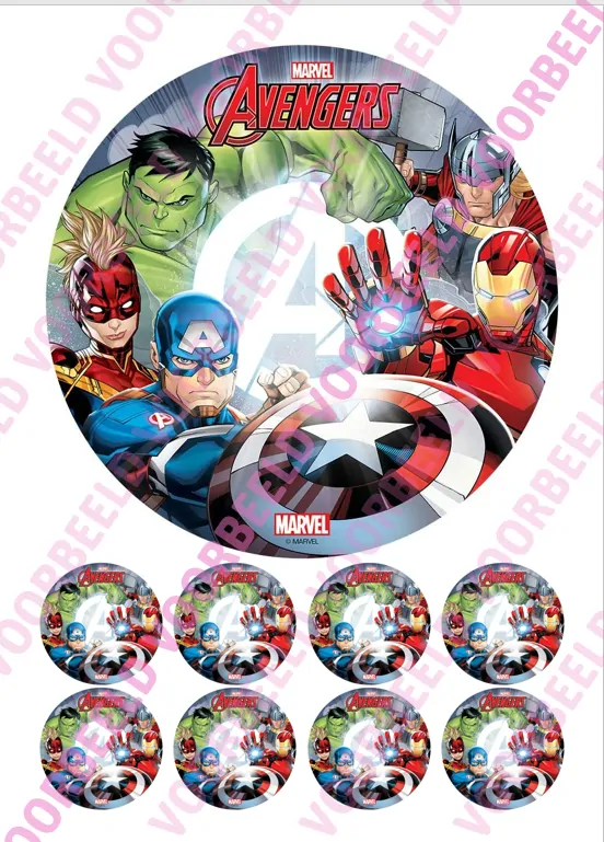 Eetbare taartprint marvel 1 - 18 cm rond + 8 cupcake rondjes bij cake, bake & love 5 Eetbare taartprint marvel 1 - 18 cm rond + 8 cupcake rondjes