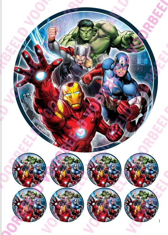 Eetbare taartprint marvel 3 - 18 cm rond + 8 cupcake rondjes bij cake, bake & love 5 Eetbare taartprint marvel 3 - 18 cm rond + 8 cupcake rondjes