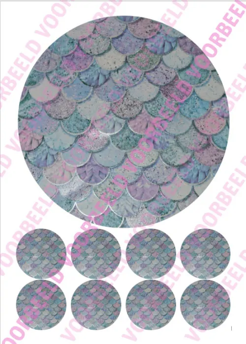 Eetbare taartprint mermaid 2 - 18 cm rond + 8 cupcake rondjes
