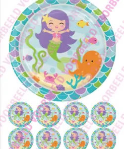 Eetbare Taartprint Mermaid 3 - 18 cm rond + 8 cupcake rondjes