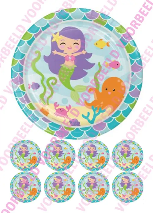 Eetbare taartprint mermaid 3 - 18 cm rond + 8 cupcake rondjes