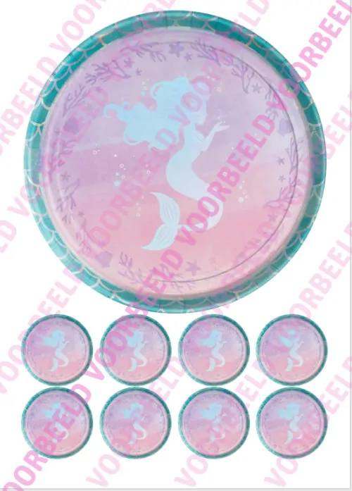 Eetbare taartprint mermaid 4 - 18 cm rond + 8 cupcake rondjes