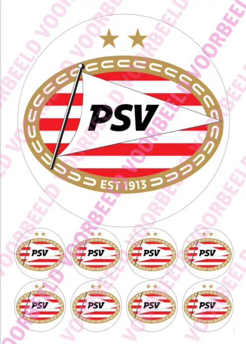 Eetbare taartprint psv - 18 cm rond + 8 cupcake rondjes