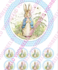 Eetbare Taartprint Pieter Konijn 1 - 18 cm rond + 8 cupcake rondjes