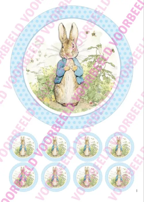 Eetbare taartprint pieter konijn 1 - 18 cm rond + 8 cupcake rondjes
