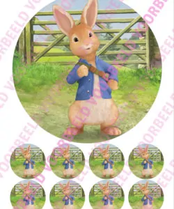 Eetbare Taartprint Pieter Konijn 3 - 18 cm rond + 8 cupcake rondjes