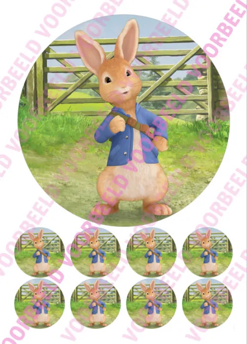 Eetbare taartprint pieter konijn 3 - 18 cm rond + 8 cupcake rondjes