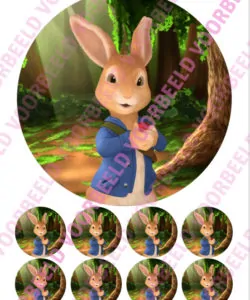Eetbare Taartprint Pieter Konijn 4 - 18 cm rond + 8 cupcake rondjes
