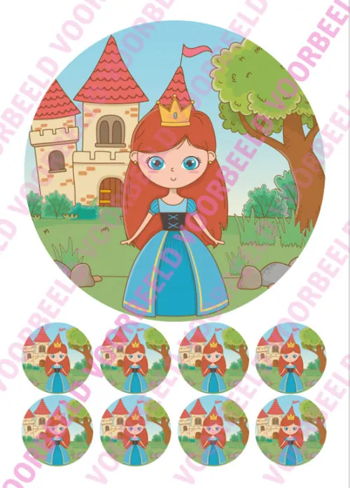 Eetbare taartprint prinses 1 - 18 cm rond + 8 cupcake rondjes