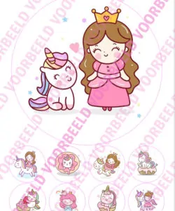 Eetbare Taartprint Prinses 2 - 18 cm rond + 8 cupcake rondjes