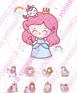 Eetbare Taartprint Prinses 3 - 18 cm rond + 8 cupcake rondjes