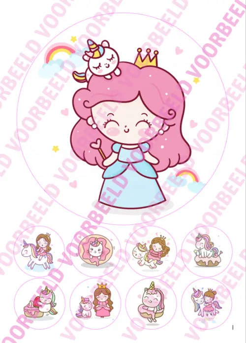 Eetbare taartprint prinses 3 - 18 cm rond + 8 cupcake rondjes