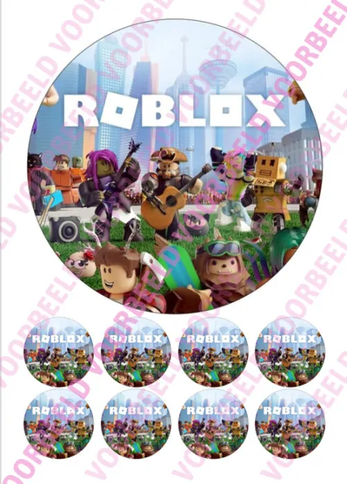 Eetbare taartprint roblox 3 - 18 cm rond + 8 cupcake rondjes