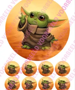 Eetbare Taartprint Star Wars Baby Yoda 1 - 18 cm rond + 8 cupcake rondjes