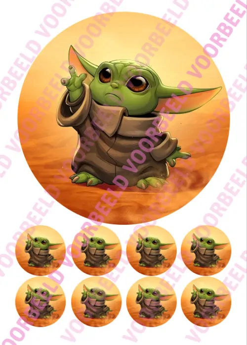 Eetbare taartprint star wars baby yoda 1 - 18 cm rond + 8 cupcake rondjes