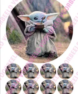 Eetbare Taartprint Star Wars Baby Yoda 2 - 18 cm rond + 8 cupcake rondjes