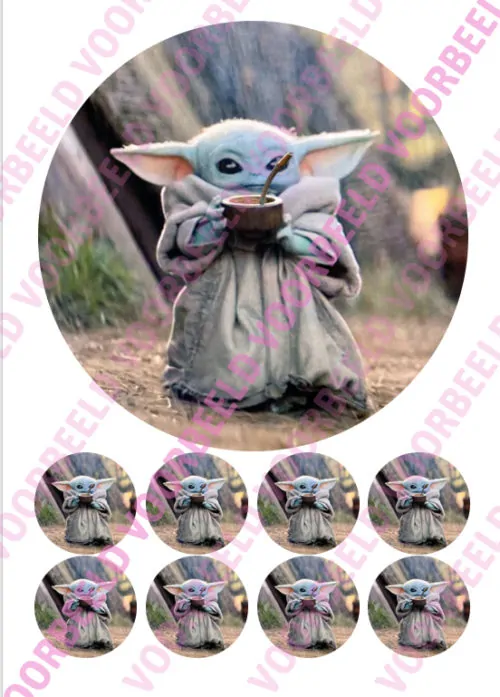 Eetbare taartprint star wars baby yoda 2 - 18 cm rond + 8 cupcake rondjes