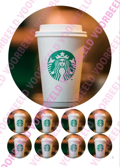 Eetbare taartprint starbucks cup - 18 cm rond + 8 cupcake rondjes