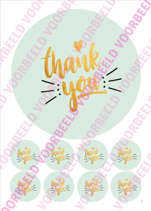 Eetbare taartprint thank you 2 - 18 cm rond + 8 cupcake rondjes