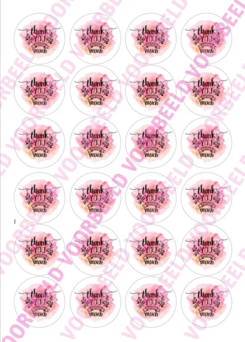 Eetbare taartprint thank you 3 - 18 cm rond + 8 cupcake rondjes