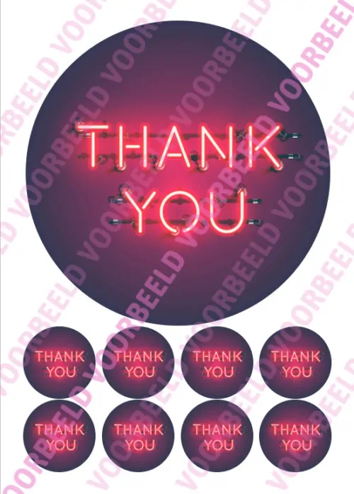 Eetbare taartprint thank you 4 - 18 cm rond + 8 cupcake rondjes