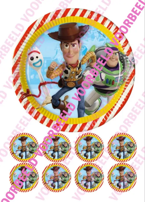 Eetbare taartprint toy story 3 - 18 cm rond + 8 cupcake rondjes