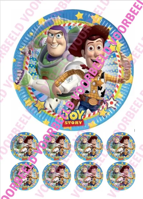 Eetbare taartprint toy story 4 - 18 cm rond + 8 cupcake rondjes