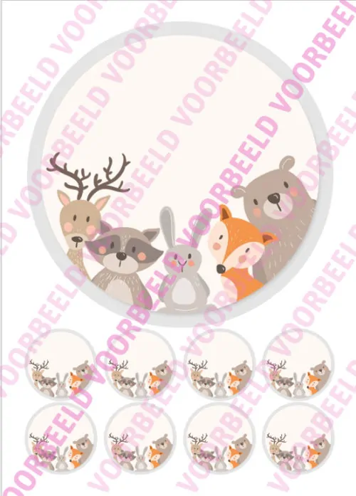Eetbare taartprint woodland animals 2 - 18 cm rond + 8 cupcake rondjes