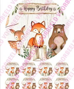 Eetbare Taartprint Woodland Animals 3 - 18 cm rond + 8 cupcake rondjes