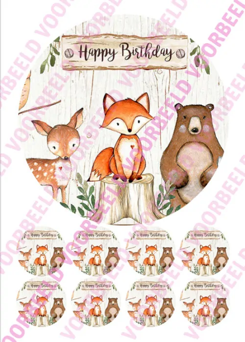 Eetbare taartprint woodland animals 3 - 18 cm rond + 8 cupcake rondjes