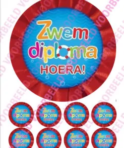 Eetbare Taartprint Zwemdiploma 1 - 18 cm rond + 8 cupcake rondjes
