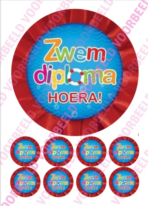 Eetbare taartprint zwemdiploma 1 - 18 cm rond + 8 cupcake rondjes