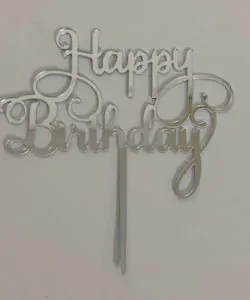 Caketopper Happy Birthday zilver