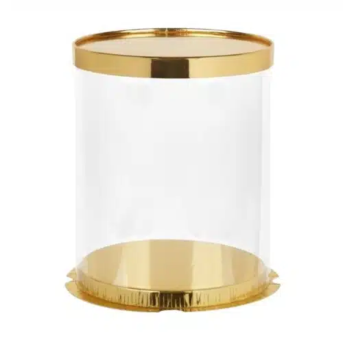 Transparante taartdoos metallic goud 30 cm doorsnede 35 cm hoog