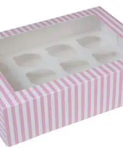 House of Marie Cupcake doos 12 cupcakes roze-wit gestreept met venster