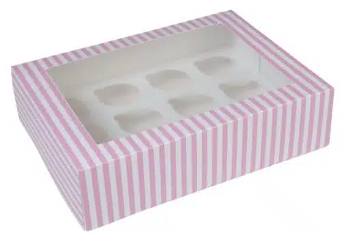 House of marie cupcake doos 12 cupcakes roze-wit gestreept met venster