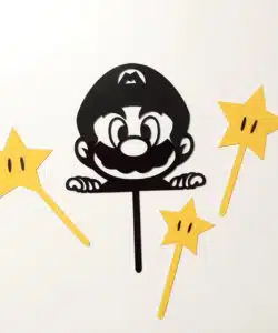 Caketopper Mario Hoofd zwart en gele sterren