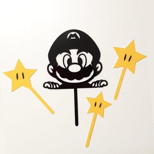 Caketopper mario hoofd zwart en gele sterren bij cake, bake & love 5